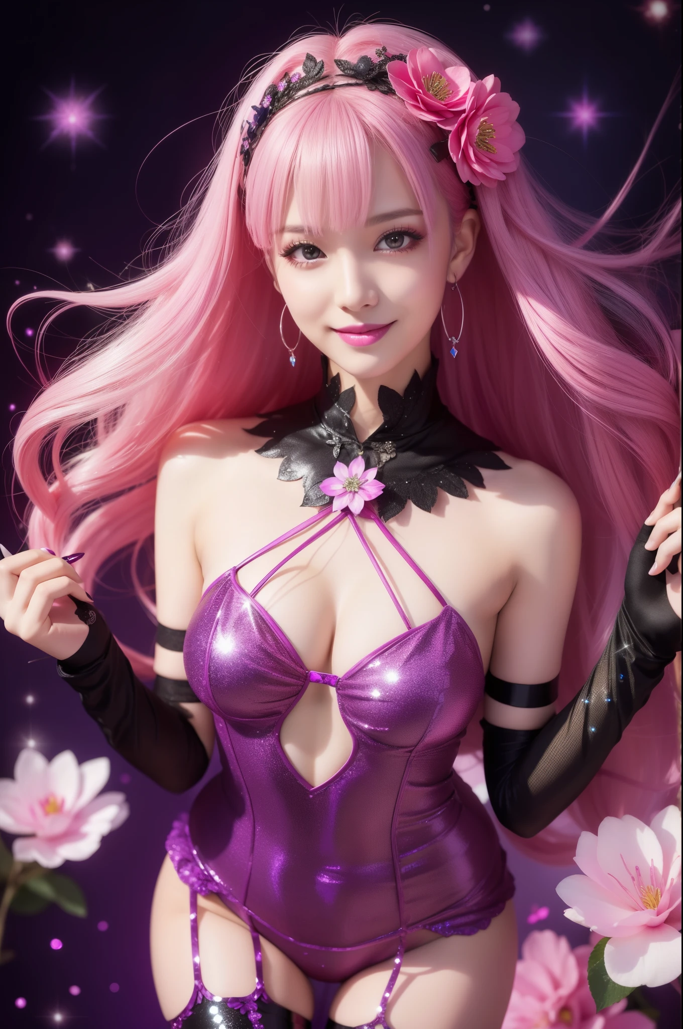 sexy woman who controls poison、smiling face、lipgloss、intense makeup、look at the camera、full body Esbian、、sparkling poisoned flower costume、、、、sparkling Colorful hair、secrete poison、skull hair accessories, detailed tights、shiny sparkling flowers background