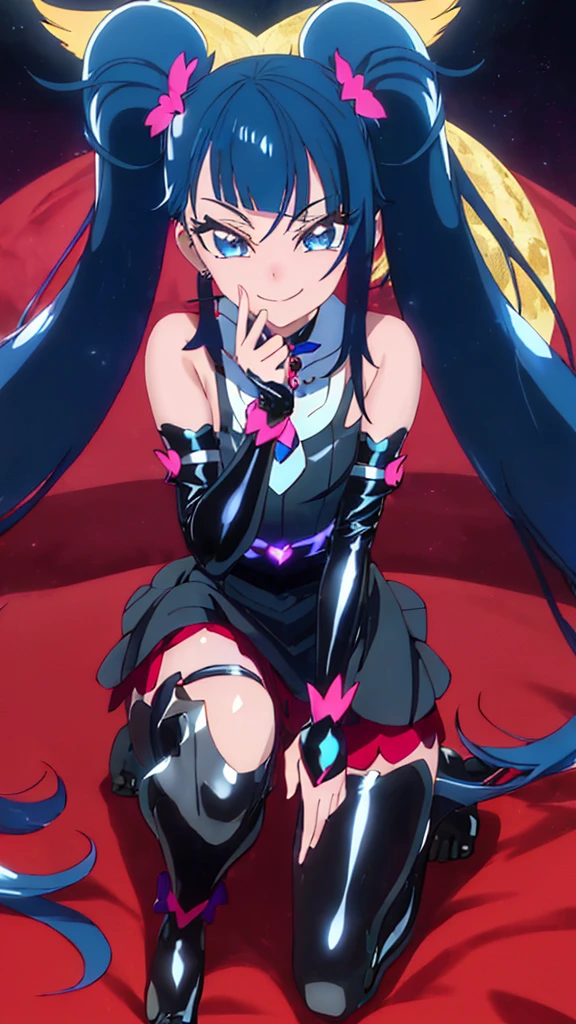 Highest quality, Very detailed,One Girl, alone, {cure_null_hirogarunullprecure:1.15}, Dark blue hair, blue eyes, Blue flames in the eyes, Long Hair, Twin tails, Magical girl, bangs, Open your mouth, Redhead, multicoloRedhead, One Girl, blunt bangs, Darken your clothes, hair ornaments, Wicked Smile, devilish aura (Shiny fabric:1.5), Full Body Shot, Purple Gemstone, attractive, blush, (Beautiful attention to detail:1.6), Very detailed顔, Perfect lighting, Extremely detailed CG, (Perfect hands, Perfect Anatomy), devil, Red and black color scheme, Shiny material, Grin, blackリボン, blackのサテン手袋, Evil clover leaf ornament, blackのフリル, jewelry, corruption, Latex Gloss, blackのゴシックマント, Wicked Smile, 背景を暗blackの世界, Red Moon, cloudy null, CG Style, One-sided black wing,Dark shadowed face,Sadistic smile,Malice,Contempt,smile,black