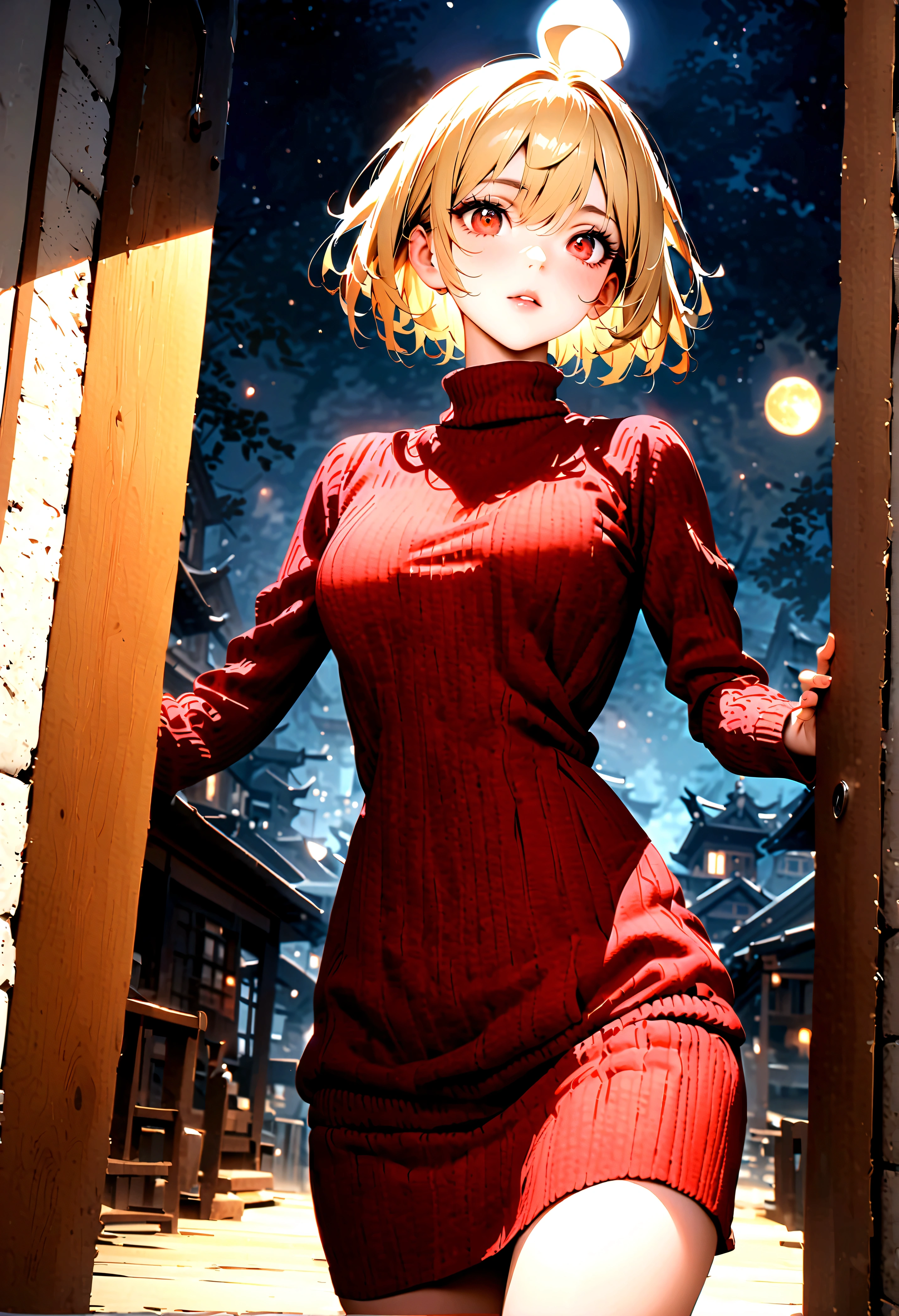 Alqueid Brunstad、Blonde、（Red Eye：1.5）、short hair、Ahoge、ロングskirt、（紫色のskirt：1.1）、skirt、sweater、turtleneck、白いsweater、woman、beautiful、masterpiece、Dramatic lighting、Natural skin texture、perfection、Very detailedな顔の特徴、Ultra-high resolution、Detailed clothing、Very detailed、Symmetrical eyes、Realistic eyes and faces、Big moon in the background、Night Sky、full moon