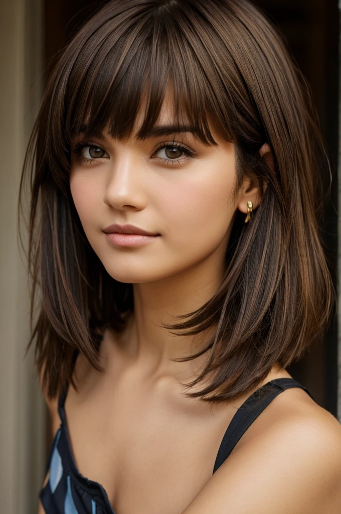 Short ear length hair brown eyes brown hair round face short straight hair with bangs
