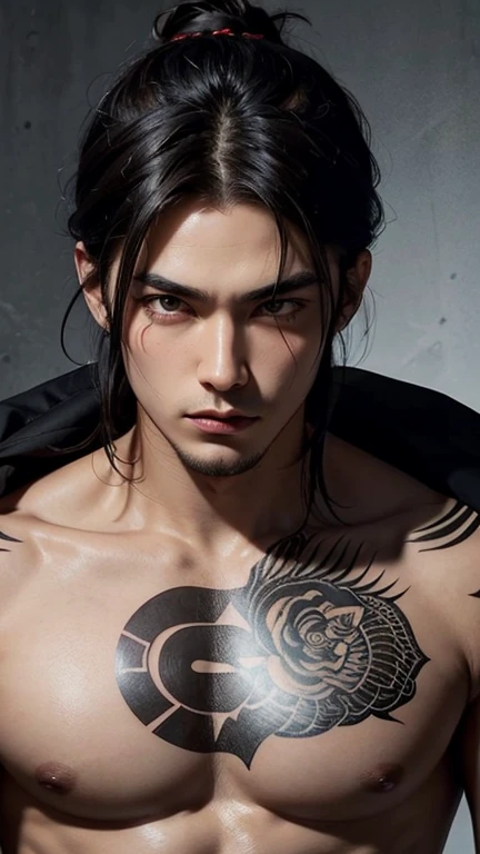 model style , eyes browns , Bblack hair , bad boy , sexly , Japanese-American , Neck tatoo 