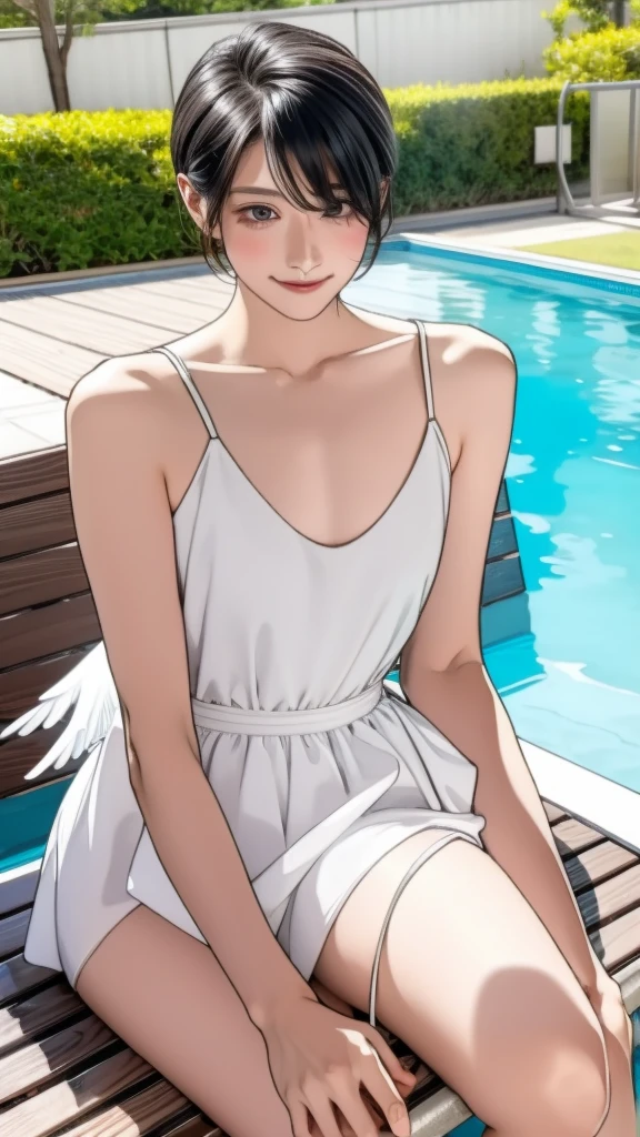 woman, イエローピクシーショート hair, androgynous, angel halo, smile, pool, swimwear, sitting on a bench, eating shaved ice