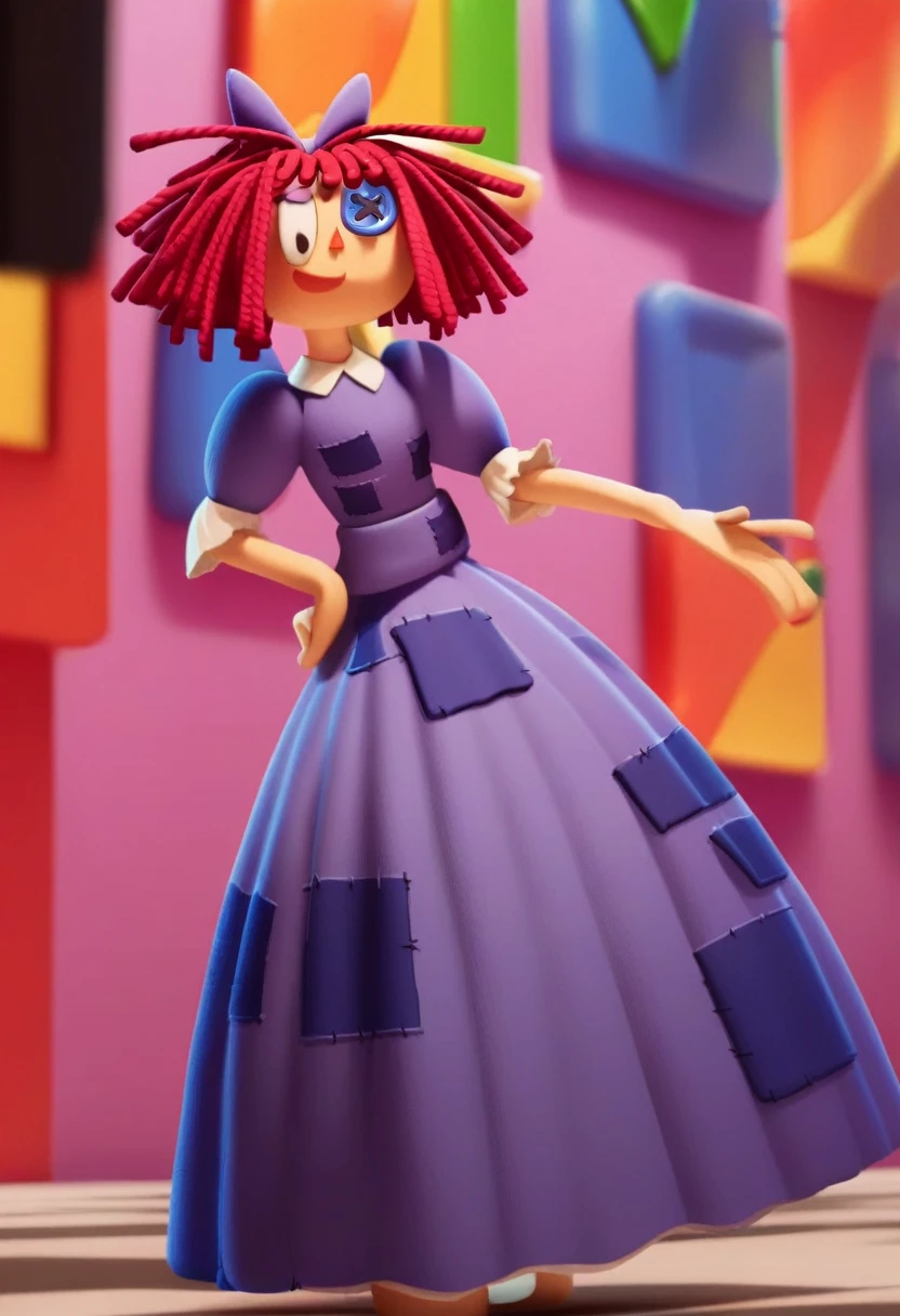 ragatha with abs and a bare midriff wearing a crop top of her default dress with long skirt, trending on artstation, digital artwork, 4k, d_ll, 1girl,rag-doll, red yarn-like hair, flat orange triangular nose, blue button eye and black pupil in actual eye, purple bow in hair,
purple dress with darker patches, white undershirt