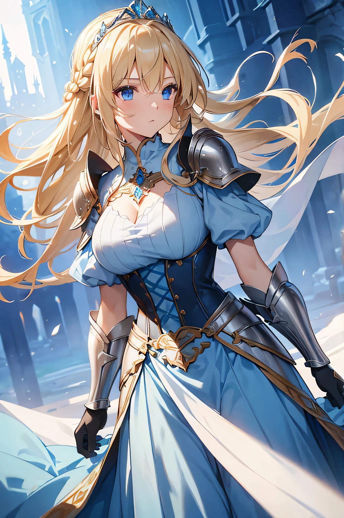 4K,High resolution,One Woman,Blonde,long hair,Braid,Blue Eyes,Big Breasts,Princess Knight,Light blue princess dress,Light blue knight armor,Full Armor,Princess Tiara,Jewelry decoration,Holy Sword,Medieval castle
