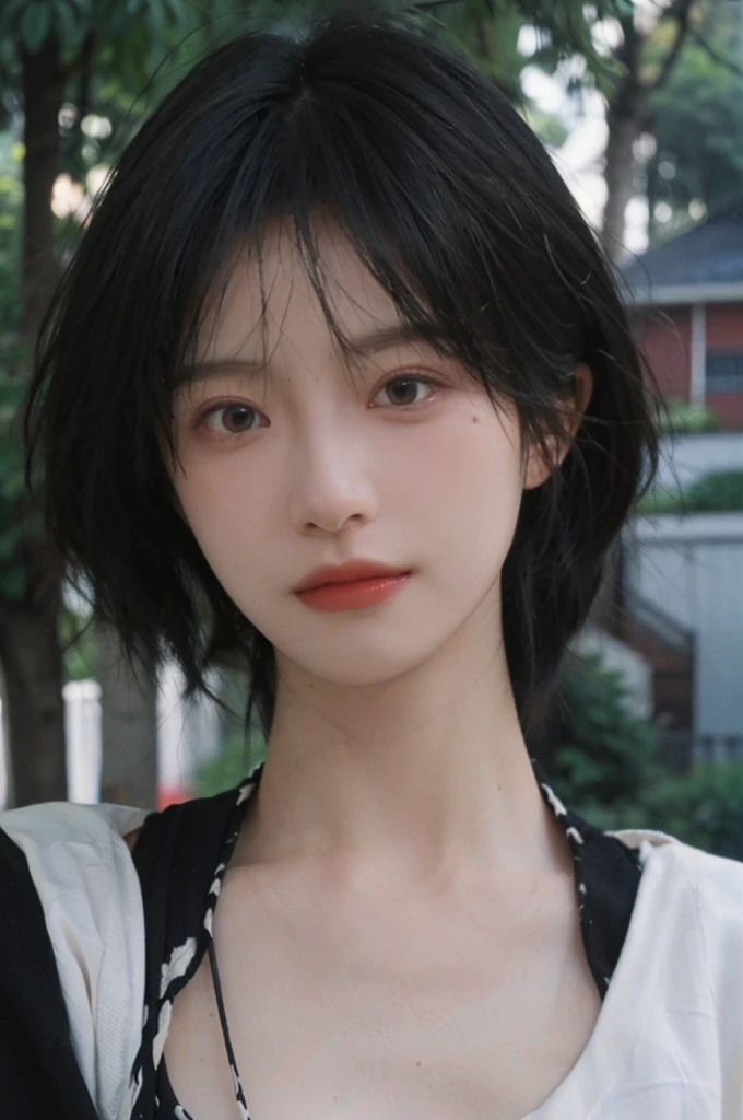 (Skin details:1.4), (smooth skin textures:1.3), Lipstick, background, earrings, Serene, calm, (Realistic and detailed eyes：1.2）, (Large Breasts:1.3),Natural skin texture, Realistic facial details, Soft dramatic lighting, Vivid details, 35 mm film, outdoor, (Photo Practical:1.4), (hyper Practical:1.4), (Practical:1.3), (Smoother lighting:1.05), (Improve lighting quality:0.9), (Highest quality real skin textures:1.4), Exquisite eyes, Delicate face, Close-up of face, (Enhance the beauty of skin texture:1.1), Hair details,  Model，normal body ratio, short hair, Moles under the eyes, Park background，Portrait Photography, Depth of Field, bokeh, Surrealism, Ray Tracing, (Portrait Photography:1.1), Surrealism, High Detail, clair obscur, Ray Tracing, reflected light, ultra HD, ultra HD, masterpiece, Textured Skin, Super Detail, High Detail, high quality, best quality
