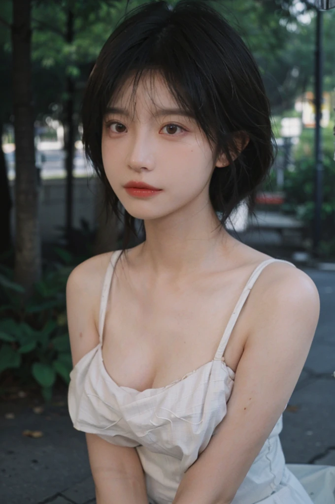 (Skin details:1.4), (smooth skin textures:1.3), Lipstick, background, earrings, Serene, calm, (Realistic and detailed eyes:1.2), (Large Breasts:1.3),Natural skin texture, Realistic facial details, Soft dramatic lighting, Vivid details, 35 mm film, outdoor, (Photo Practical:1.4), (hyper Practical:1.4), (Practical:1.3), (Smoother lighting:1.05), (Improve lighting quality:0.9), (Highest quality real skin textures:1.4), Exquisite eyes, Delicate face, Close-up of face, (Enhance the beauty of skin texture:1.1), Hair details, Model,normal body ratio, short hair, Moles under the eyes, Park background,Portrait Photography, Depth of Field, bokeh, Surrealism, Ray Tracing, (Portrait Photography:1.1), Surrealism, High Detail, clair obscur, Ray Tracing, reflected light, ultra HD, ultra HD, masterpiece, Textured Skin, Super Detail, High Detail, high quality, best quality