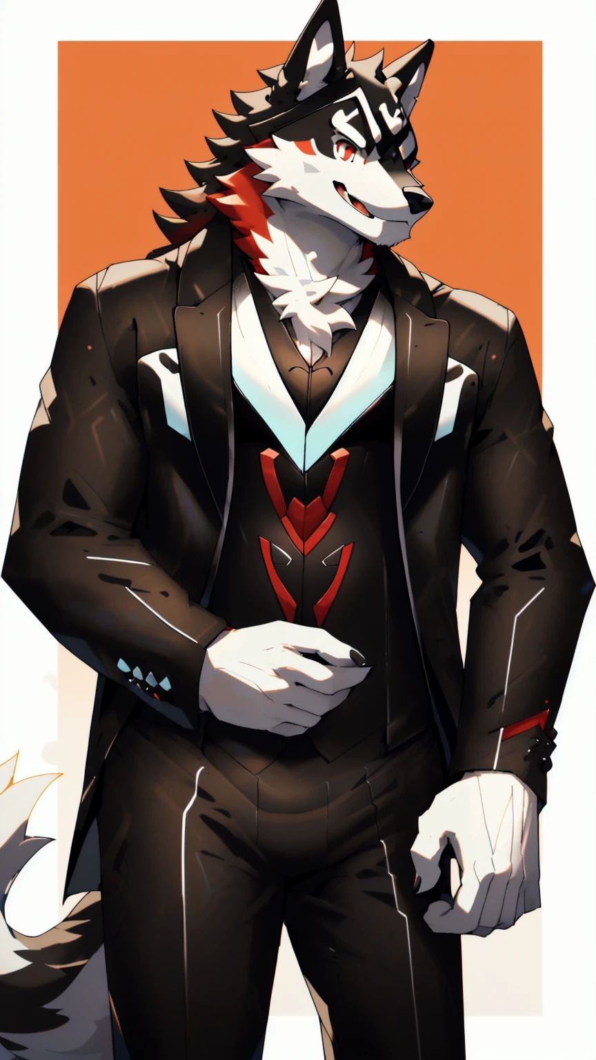 Orange background，high resolution，4K，masterpiece，high quality，35 years old，((Wolfdog))，male，((whole body:1.4，Strike a pose:1.5，Mature:1.3，Smiling face:1.4))，WolfdogFurry，（Uncle figure:1.5，hairy），((Moderate:1.2))，((Strong body:1.5，Long legs:1.3，big ear:1.3，Thick long tail，(((White and black suit 1:3)))，(((Red head:1.5，White neck:1.3，Red eyes:1.3，White chest:1.3，White belly:1.3，Red back of hand:1.3，Red and white tail:1.3)))，Delicate eyes:1.6，Fine details，Detailed body，（Detailed hand details:1.4）