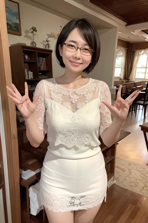 Highest quality、masterpiece、High sensitivity、High resolution、Detailed Description、Slender women、Slim Body、Glasses、Lace skirt、wave hands、With a smile、