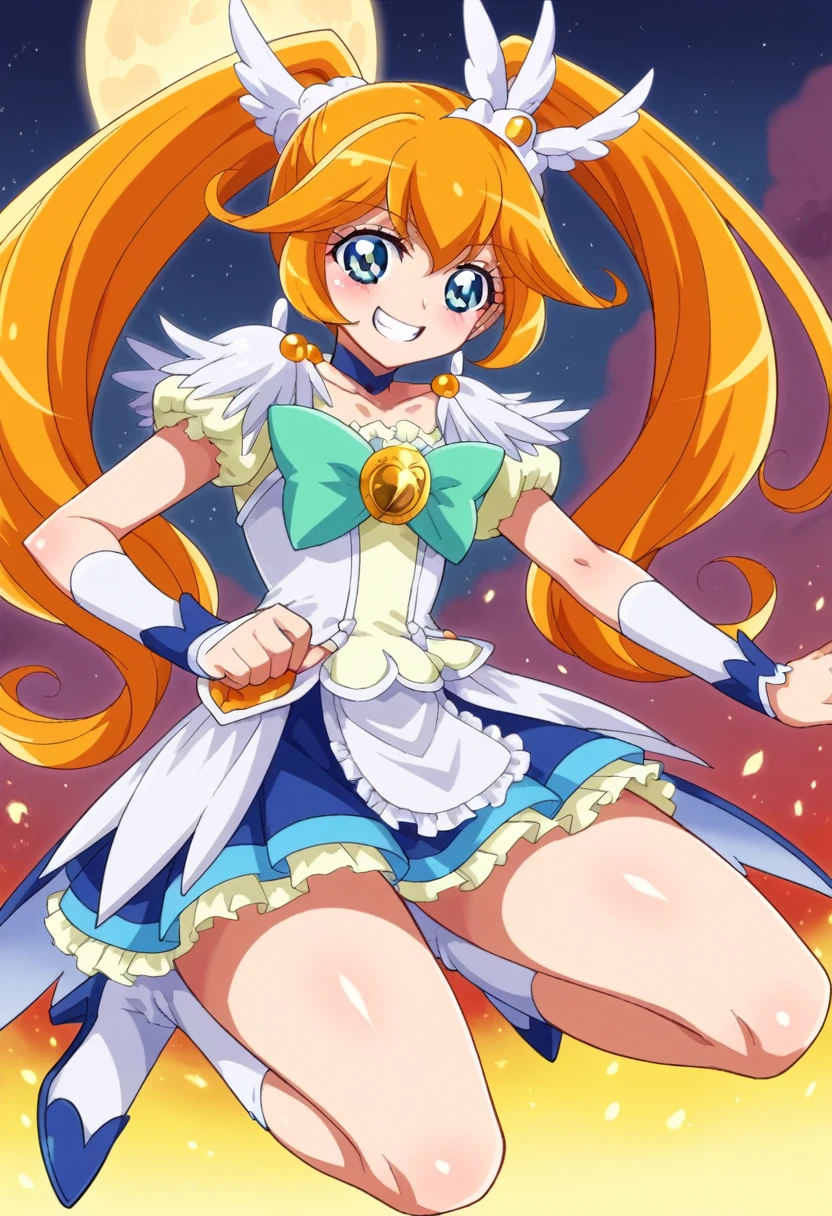 Highest quality, Very detailed,One Girl, alone, {cure_null_hirogarunullprecure:1.15}, Dark blue hair, blue eyes, Blue flames in the eyes, Long Hair, Twin tails, Magical girl, bangs, Open your mouth, Redhead, multicoloRedhead, One Girl, blunt bangs, Darken your clothes, hair ornaments, Wicked Smile, devilish aura (Shiny fabric:1.5), Full Body Shot, Purple Gemstone, attractive, blush, (Beautiful attention to detail:1.6), Very detailed顔, Perfect lighting, Extremely detailed CG, (Perfect hands, Perfect Anatomy), devil, Red and black color scheme, Shiny material, Grin, blackリボン, blackのサテン手袋, Evil clover leaf ornament, blackのフリル, jewelry, corruption, Latex Gloss, blackのゴシックマント, Wicked Smile, 背景を暗blackの世界, Red Moon, cloudy null, CG Style, One-sided black wing,Dark shadowed face,Sadistic smile,Malice,Contempt,smile,black