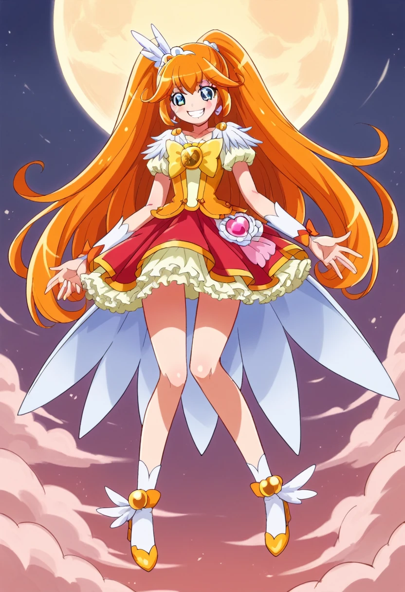 Highest quality, Very detailed,One Girl, alone, {cure_null_hirogarunullprecure:1.15}, Dark blue hair, blue eyes, Blue flames in the eyes, Long Hair, Twin tails, Magical girl, bangs, Open your mouth, Redhead, multicoloRedhead, One Girl, blunt bangs, Darken your clothes, hair ornaments, Wicked Smile, devilish aura (Shiny fabric:1.5), Full Body Shot, Purple Gemstone, attractive, blush, (Beautiful attention to detail:1.6), Very detailed顔, Perfect lighting, Extremely detailed CG, (Perfect hands, Perfect Anatomy), devil, Red and black color scheme, Shiny material, Grin, blackリボン, blackのサテン手袋, Evil clover leaf ornament, blackのフリル, jewelry, corruption, Latex Gloss, blackのゴシックマント, Wicked Smile, 背景を暗blackの世界, Red Moon, cloudy null, CG Style, One-sided black wing,Dark shadowed face,Sadistic smile,Malice,Contempt,smile,black