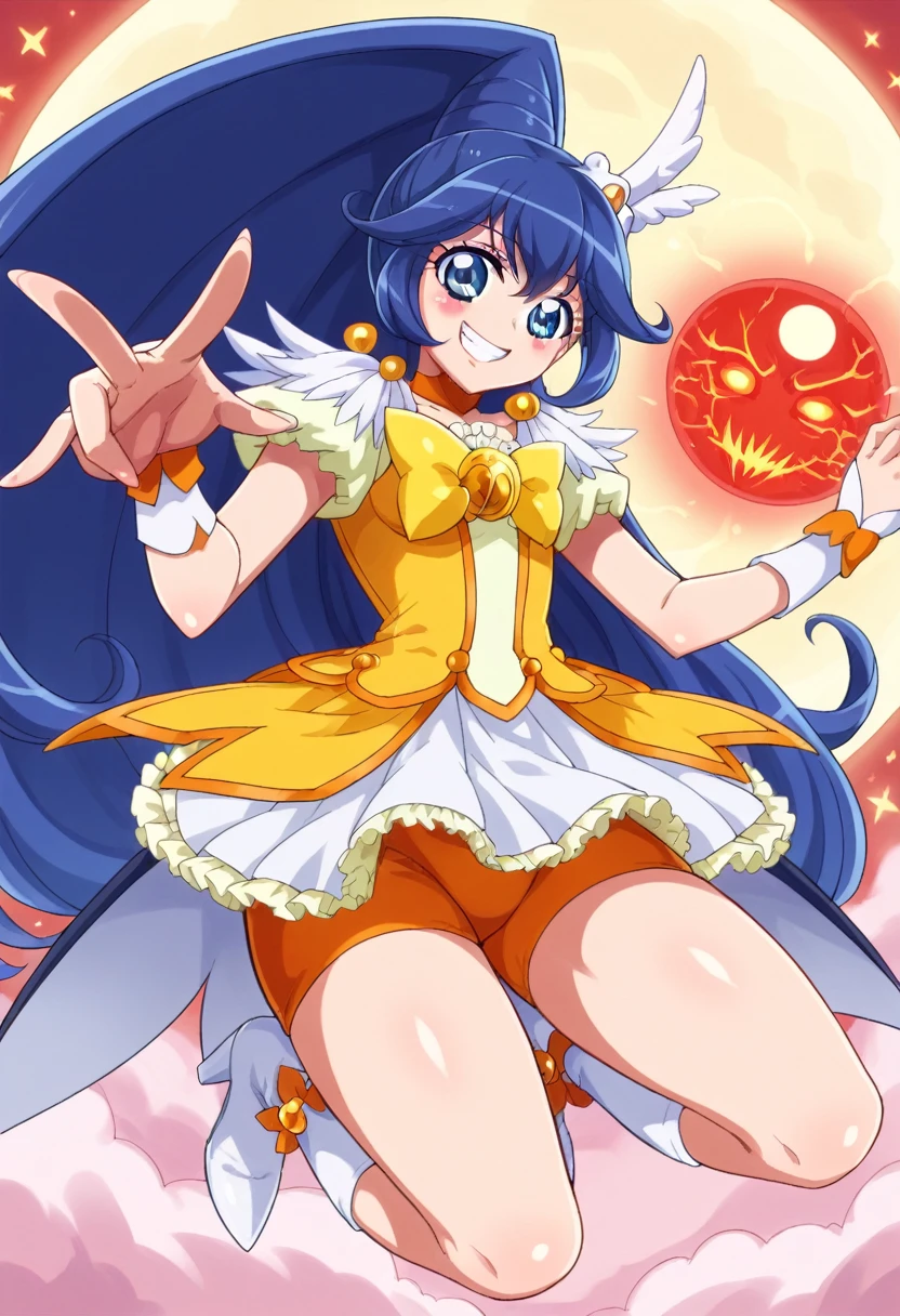 Highest quality, Very detailed,One Girl, alone, {cure_null_hirogarunullprecure:1.15}, Dark blue hair, blue eyes, Blue flames in the eyes, Long Hair, Twin tails, Magical girl, bangs, Open your mouth, Redhead, multicoloRedhead, One Girl, blunt bangs, Darken your clothes, hair ornaments, Wicked Smile, devilish aura (Shiny fabric:1.5), Full Body Shot, Purple Gemstone, attractive, blush, (Beautiful attention to detail:1.6), Very detailed顔, Perfect lighting, Extremely detailed CG, (Perfect hands, Perfect Anatomy), devil, Red and black color scheme, Shiny material, Grin, blackリボン, blackのサテン手袋, Evil clover leaf ornament, blackのフリル, jewelry, corruption, Latex Gloss, blackのゴシックマント, Wicked Smile, 背景を暗blackの世界, Red Moon, cloudy null, CG Style, One-sided black wing,Dark shadowed face,Sadistic smile,Malice,Contempt,smile,black