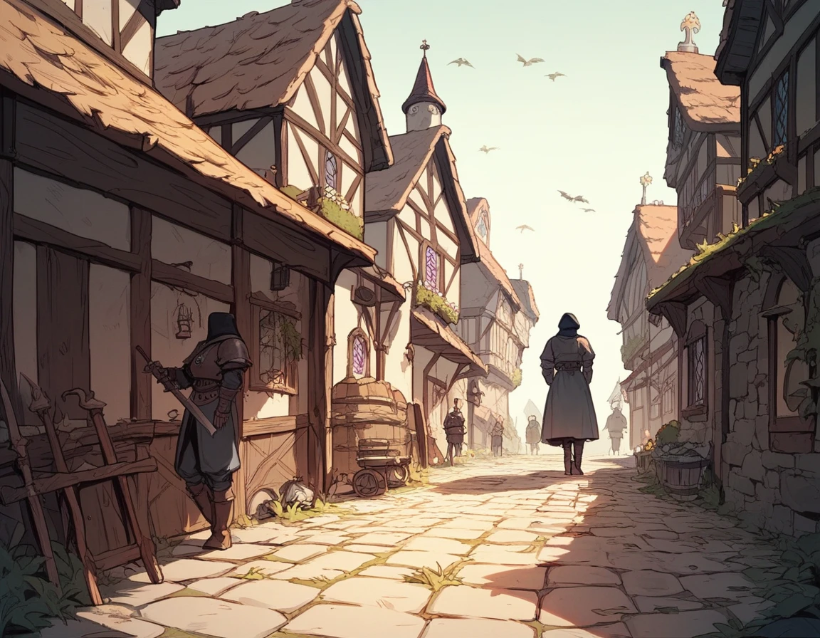 score_9,score_8_up,score_7_up, source_cartoon, a medieval village, village under siege, evil medieval soldiers attacking civilians, far away shot, village is on fire,
