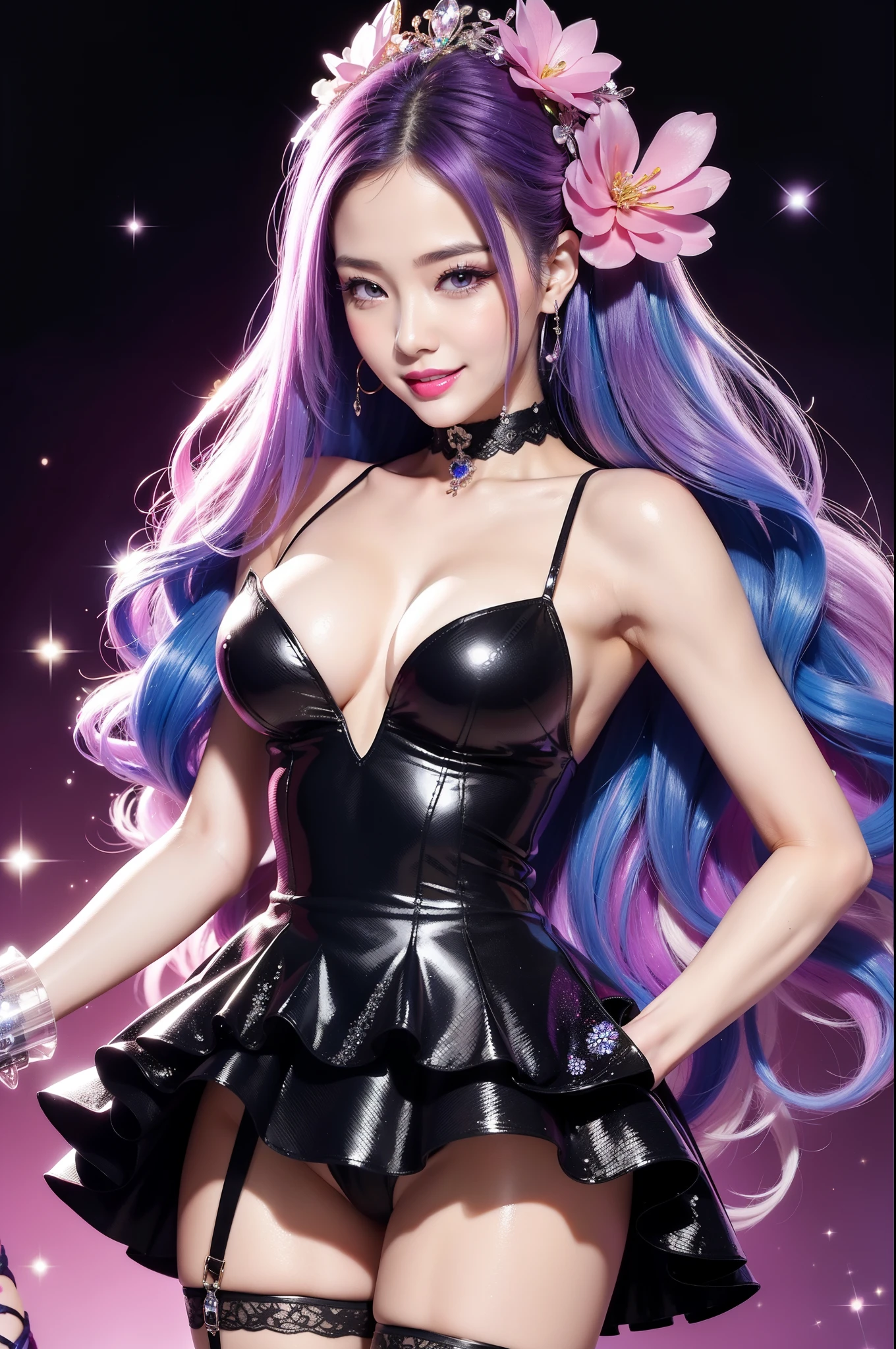 sexy woman who controls poison、smiling face、lipgloss、intense makeup、look at the camera、full body Esbian、、sparkling poisoned flower costume、、、、sparkling Colorful hair、secrete poison、skull hair accessories, detailed tights、shiny sparkling flowers background