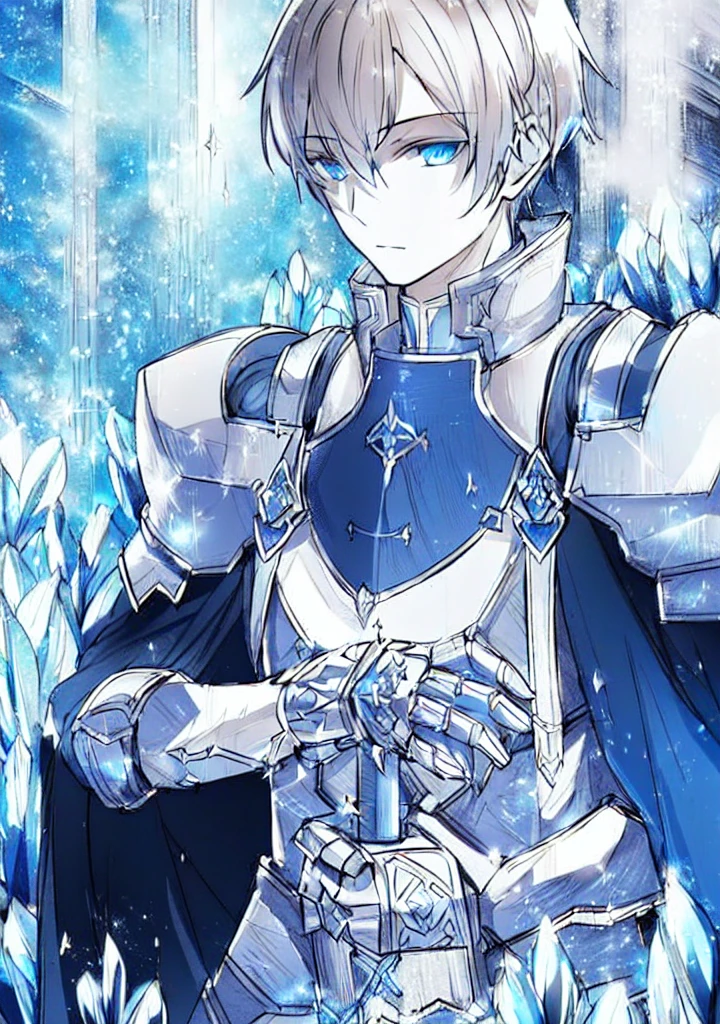 blue and ice silver color armor, wearing shining armor, masterpiece, 4k, eugeo (sword art online), 1 boy, knight, black and white, lineart, manga, sketch art