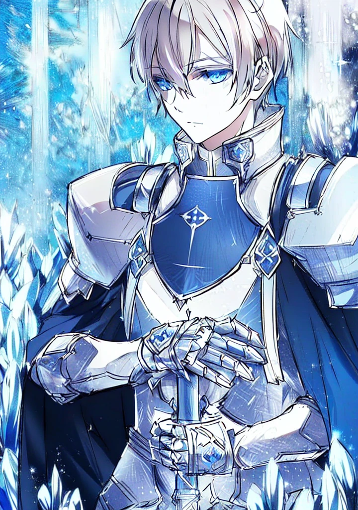 blue and ice silver color armor, wearing shining armor, masterpiece, 4k, eugeo (sword art online), 1 boy, knight, black and white, lineart, manga, sketch art