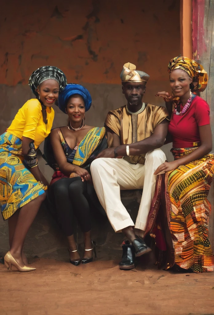 an African man sitting surrounded by 4 African women