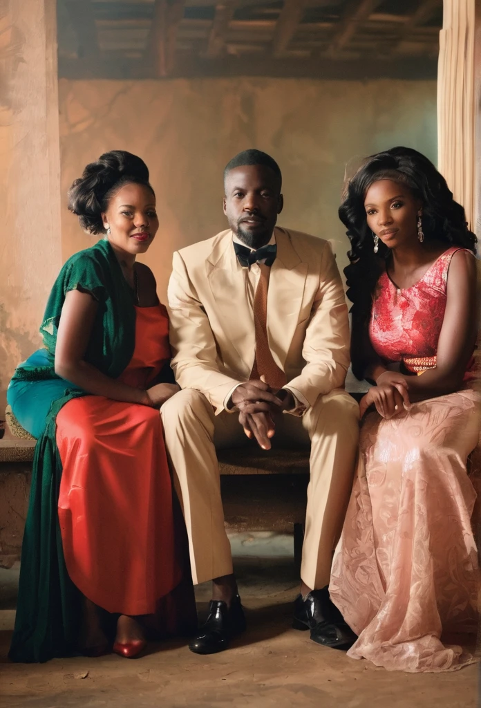 an African man sitting surrounded by 4 African women