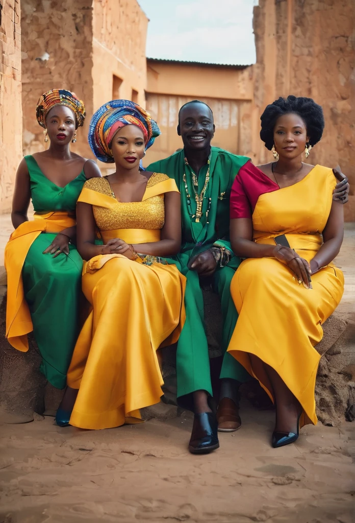 an African man sitting surrounded by 4 African women