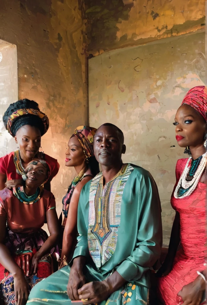 an African man sitting surrounded by 4 African women