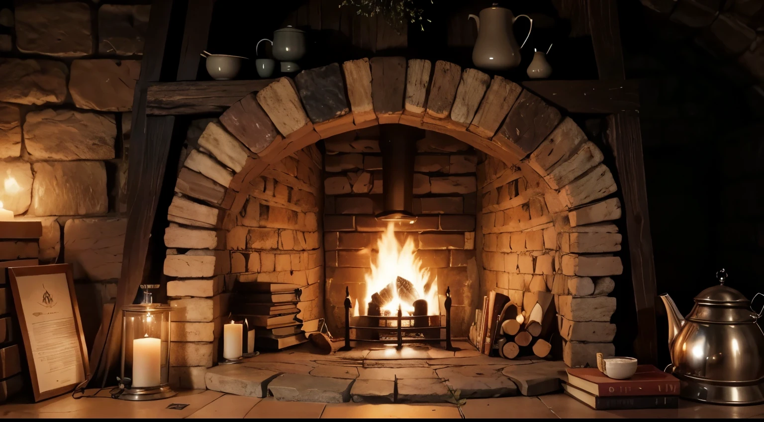 a magical hobbit fireplace, round hole, brick work, full of hobbit objects, magic ambient, cozy, incredible, 3d ambient, cup of tea, books, candles, hobbit middle-earth, the shire