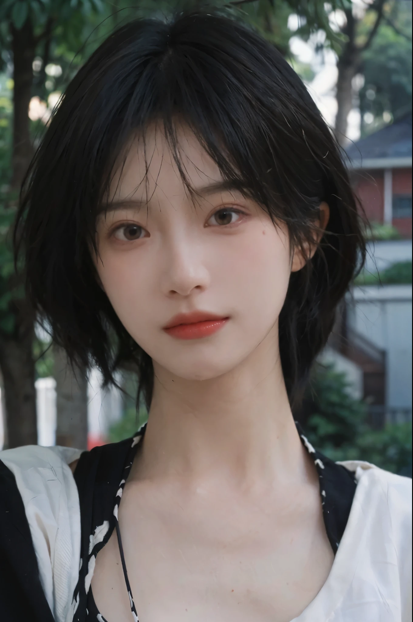 (Skin details:1.4), (smooth skin textures:1.3), Lipstick, background, earrings, Serene, calm, (Realistic and detailed eyes：1.2）, (Large Breasts:1.3),Natural skin texture, Realistic facial details, Soft dramatic lighting, Vivid details, 35 mm film, outdoor, (Photo Practical:1.4), (hyper Practical:1.4), (Practical:1.3), (Smoother lighting:1.05), (Improve lighting quality:0.9), (Highest quality real skin textures:1.4), Exquisite eyes, Delicate face, Close-up of face, (Enhance the beauty of skin texture:1.1), Hair details,  Model，normal body ratio, short hair, Moles under the eyes, Park background，Portrait Photography, Depth of Field, bokeh, Surrealism, Ray Tracing, (Portrait Photography:1.1), Surrealism, High Detail, clair obscur, Ray Tracing, reflected light, ultra HD, ultra HD, masterpiece, Textured Skin, Super Detail, High Detail, high quality, best quality