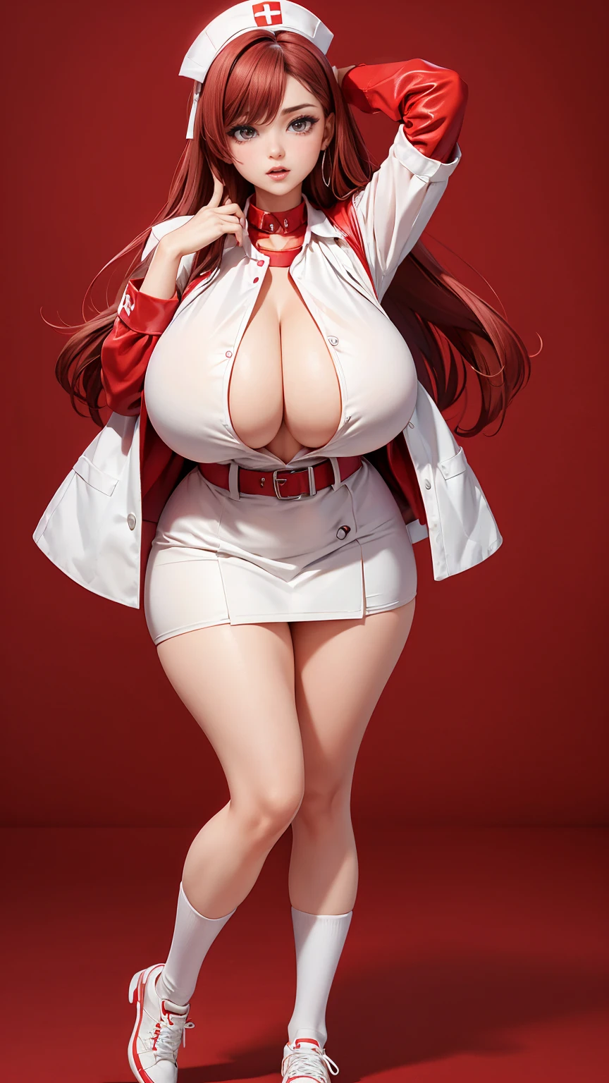 (full_body)、Woman、red_background、(big_breasts:1.5)、white_nurse