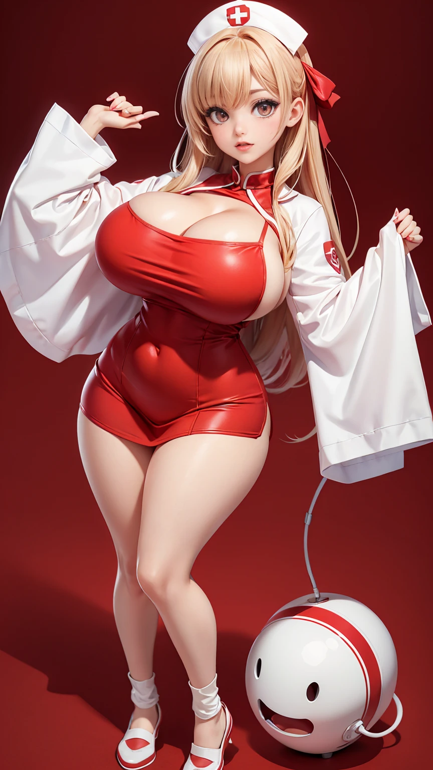 (full_body)、Woman、red_background、(big_breasts:1.5)、white_nurse