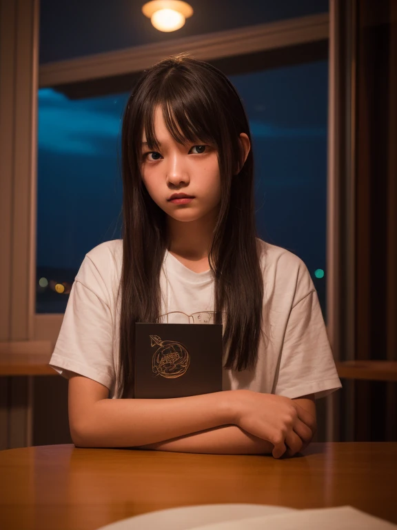 Tabletop, highest quality, 8k, 15-year-old student, Teen, RAW Photos, Absurd, Award-winning portrait, alone, night, neon, Idol's face, Violet, Gardenias, Delicate girl, Upper Body, Digital SLR, View your viewers, Frank, Sophisticated, Zola々right, smile, Thin arms, Professional Lighting, Film Grain, chromatic aberration, (Eyes and facial details:1.0), (Bokeh:1.1),Twin tail hairstyle,