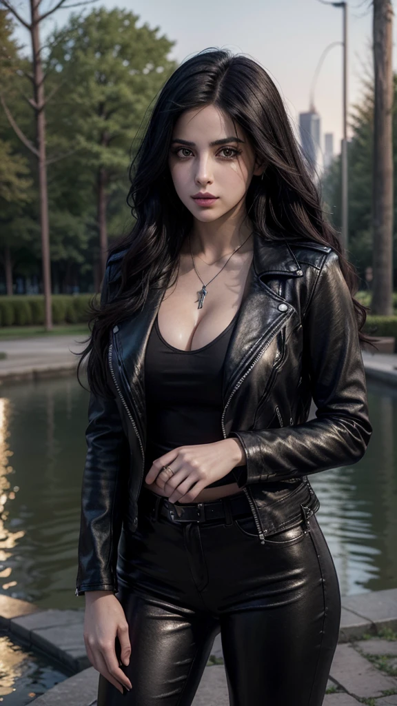 Isabelle Lightwood(Emeraude Toubia) is a beautiful, slender and attractive woman, with long black wavy hair, dark brown eyes, a black leather jacket, a black low-cut t-shirt, black leather pants, a red rectangular pendant, and a silver spiral bracelet, New York background in the moonlight with some trees and flowers and a lake fireworks