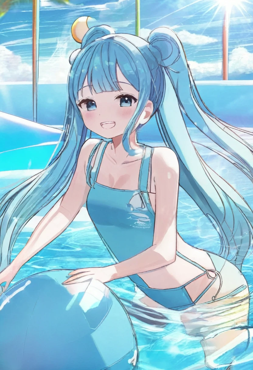 Summer sky　Summer sunshine　Beautiful girl playing in the pool　Light blue long hair　Beautiful girl with twin tails　One piece swimsuit　Many girls are playing in the pool.　Bright smile　