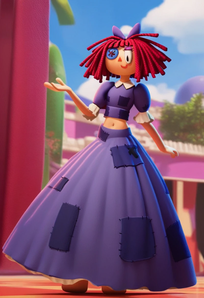 ragatha with abs and a bare midriff wearing a crop top of her default dress with long skirt, trending on artstation, digital artwork, 4k, d_ll, 1girl,rag-doll, red yarn-like hair, flat orange triangular nose, blue button eye and black pupil in actual eye, purple bow in hair,
purple dress with darker patches, white undershirt, bare navel, exposed belly button, bare midriff 