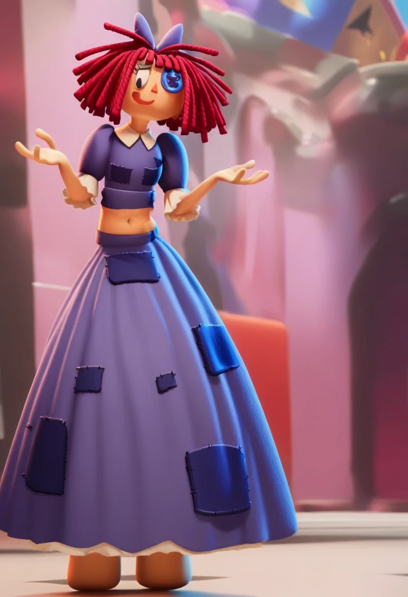 ragatha with abs and a bare midriff wearing a crop top of her default dress with long skirt, trending on artstation, digital artwork, 4k, d_ll, 1girl,rag-doll, red yarn-like hair, flat orange triangular nose, blue button eye and black pupil in actual eye, purple bow in hair,
purple dress with darker patches, white undershirt, bare navel, exposed belly button, bare midriff 