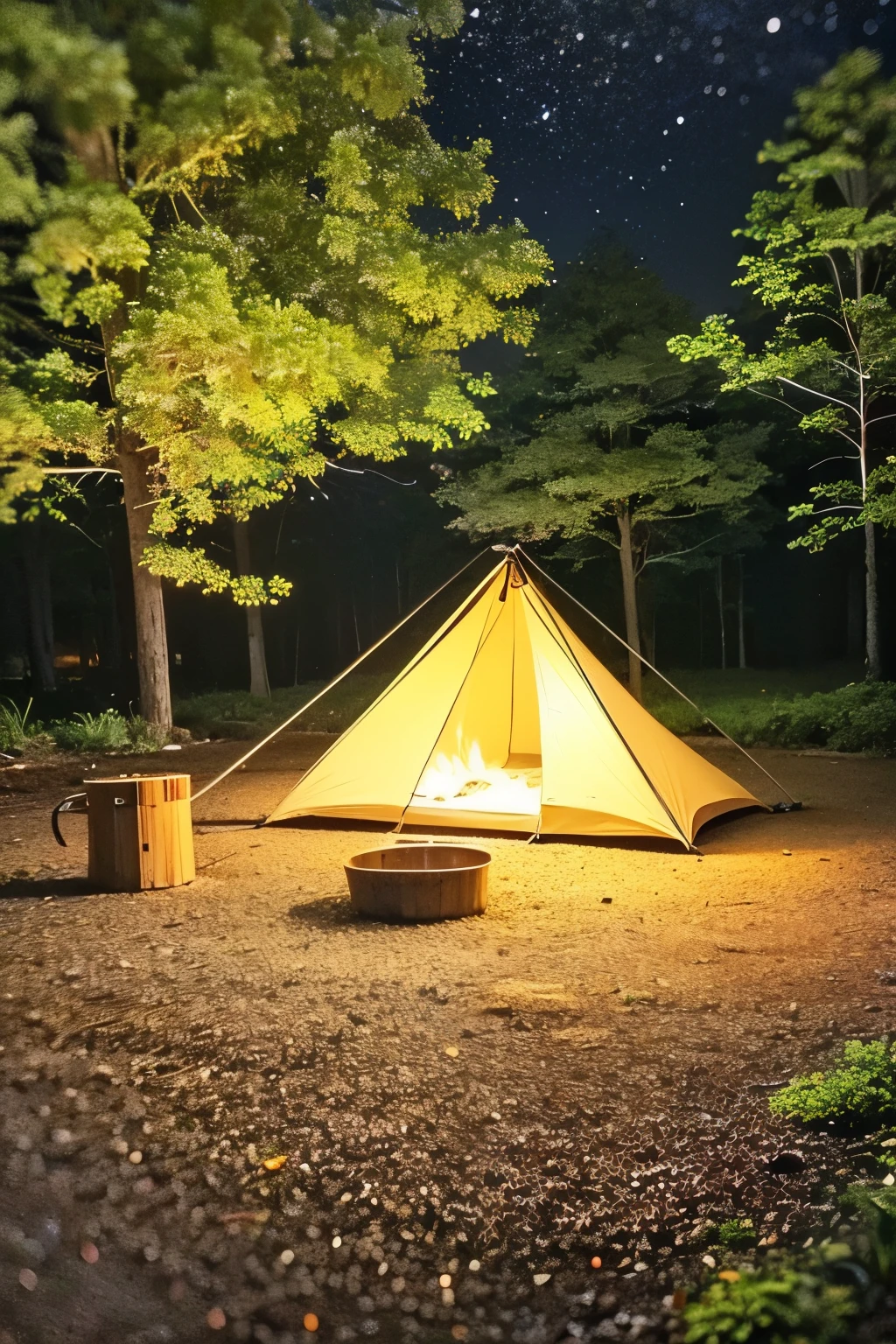 A nighttime scene of a small camp in a forest. A small folding chair sits next to a burning camp fire. Next to it is a small round tent. A small pet bowl sets on the ground next to the fire, along with a small pan. trees sit in the background.