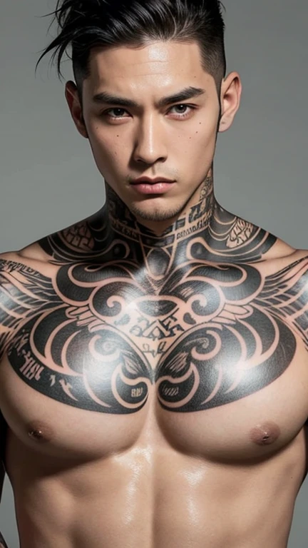 model style , eyes browns , Bblack hair , bad boy , sexly , Japanese-American , Neck tatoo 