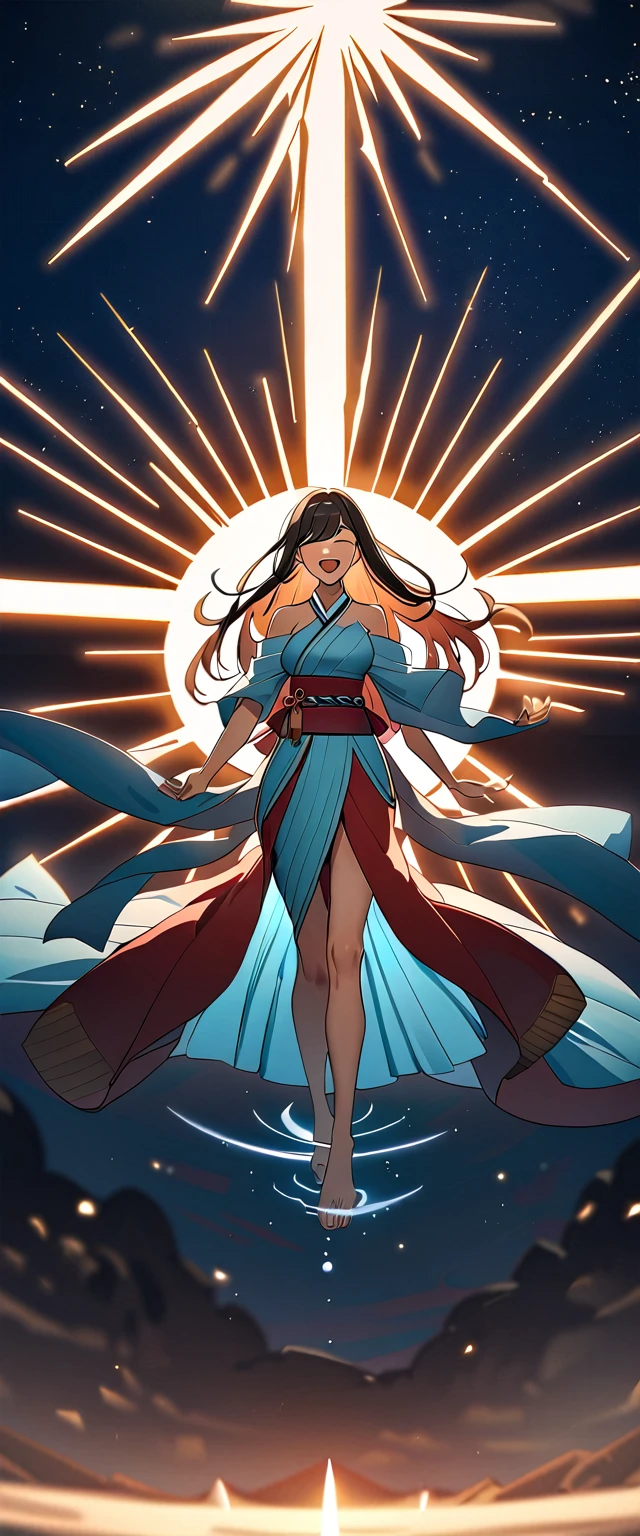 A photo of Izanami no Mikoto with natural skin, laughing, Black hair with red mesh, Sharp eyes with blue eyeshadow, A thin, upturned nose, Well-shaped lips, White off-the-shoulder dress, barefoot, White clothes, Clothing of ancient Japan, Makeup, Exquisitely crafted with the utmost attention to detail, Vibrant, amazing, Smooth, Cinematic, 4K, Backlight, ((Flying in the sky)), Shallow depth of field.