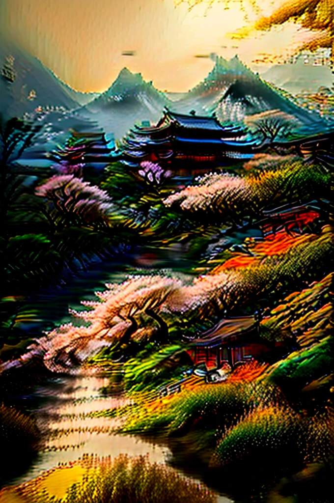 In the heart of a sacred mountain lies a mystical Japanese zen garden. An ancient temple, painted in vibrant shades of red and gold, stands majestically atop the mountain, shrouded in mist, radiating a serene and spiritual aura. A gentle breeze whispers through the green bamboo, swaying gracefully, while enchanted wind chimes resonate with ethereal melodies, harmonizing with nature.
A crystal-clear pond, inhabited by vividly colored koi fish — red, orange, and gold — reflects the tranquility of the surroundings. A pure, crystal stream flows gently, feeding a small island in the center of the pond, where a majestic maple tree stands. Its red leaves, almost like rubies, glow like jewels under the dim light of the day, contrasting with the vibrant green around.
A zen master, with a long beard and deep gaze, handles a rake with graceful movements, creating hypnotic patterns in the sand garden, symbolizing the universe's fluidity. Near the island, a shishi odoshi, an ingenious bamboo structure, rhythmically strikes, echoing as a reminder of time's passage and life's impermanence. The small waterfall beside the pond sings its constant melody, providing a natural soundtrack to the scene.
Above, the sky is gray and heavy, with dense, dark storm clouds approaching on the horizon. Lightning occasionally illuminates the shadows, and the distant sound of thunder reverberates through the mountains, as if the gods were whispering ancient secrets. The air is cold, and the breeze carries a chill, heightening the sense of mystery and reverence.
The mystical energy of the place is palpable, and each element seems in perfect harmony, creating a deep sense of peace and contemplation. This environment invites all who arrive to an inner journey of reflection and spiritual enlightenment, where nature and spirit meet in a harmonious and eternal dance.