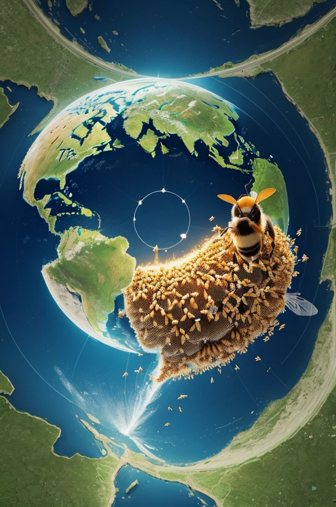 A map of the world showing the distribution of endangered bees: Raising awareness about the dangers bees face, need for action to protect them, Message of Hope., dreamshaper style, Photo 8k realistic, highly details, intrincate, definition and quality, surreal, perfect, impact image 