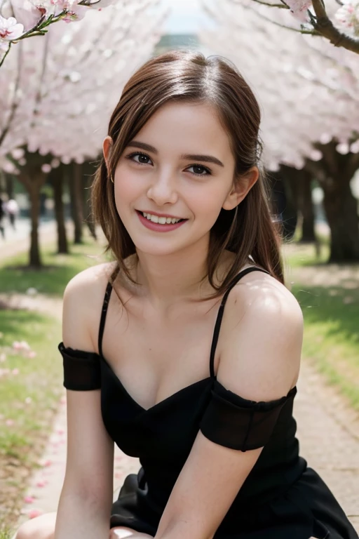 Masterpiece, Best quality, 8k, 18 ans, Photo brute, absurdes, Award-winning portrait, sourire, sourire, pure, french, pink black white dress, spring, , orchard in bloom, Italian, elegant,, sitting
