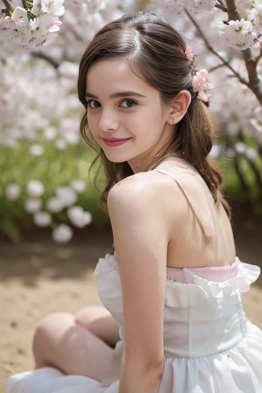 Masterpiece, Best quality, 8k, 18 ans, Photo brute, absurdes, Award-winning portrait, sourire, sourire, pure, french, pink black white dress, spring, , orchard in bloom, Italian, elegant,, sitting
