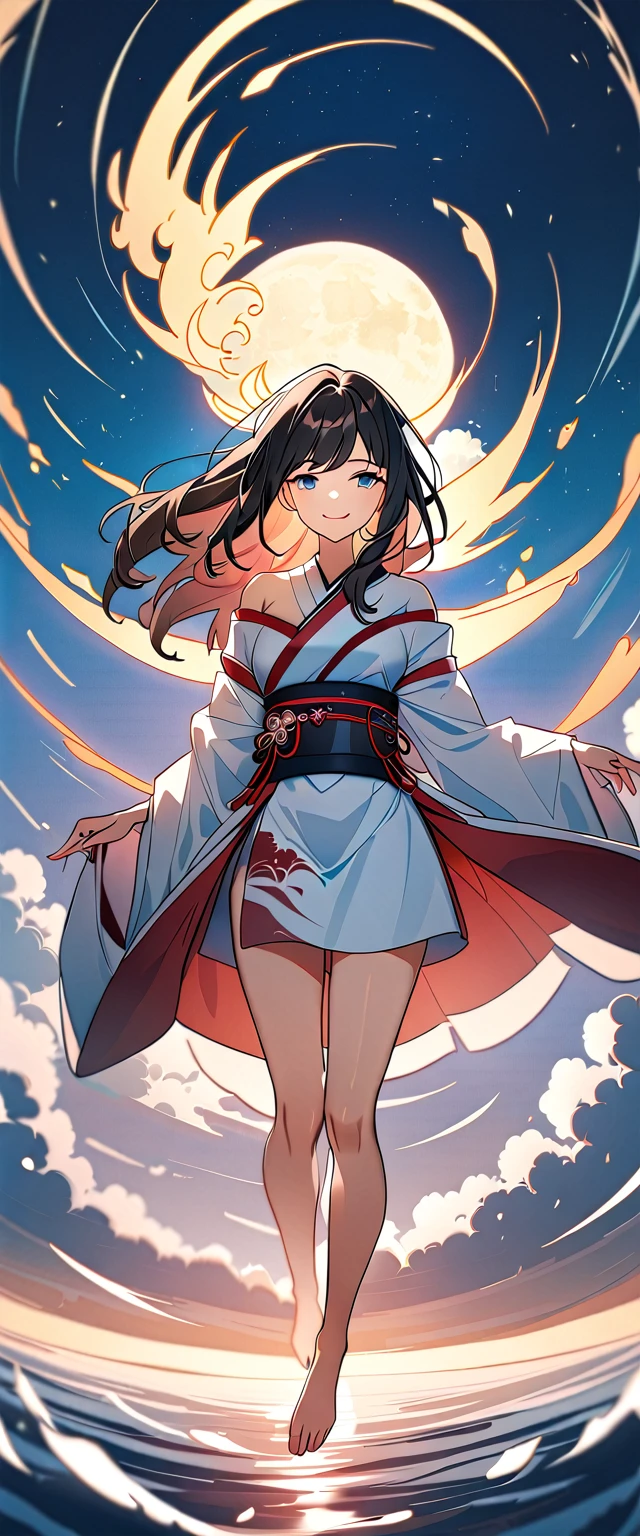 a beautiful detailed photo of Izanami no mikoto with natural skin, smiling, with black hair and red highlights, sharp eyes with blue eyeshadow, thin and upturned nose, well-shaped lips, wearing a white off-shoulder dress with bare legs, in ancient Japanese attire, makeup, exquisitely detailed to the finest details, vibrant, amazing, smooth, cinematic, 4K, backlit, ((flying in the vast sky)), shallow depth of field