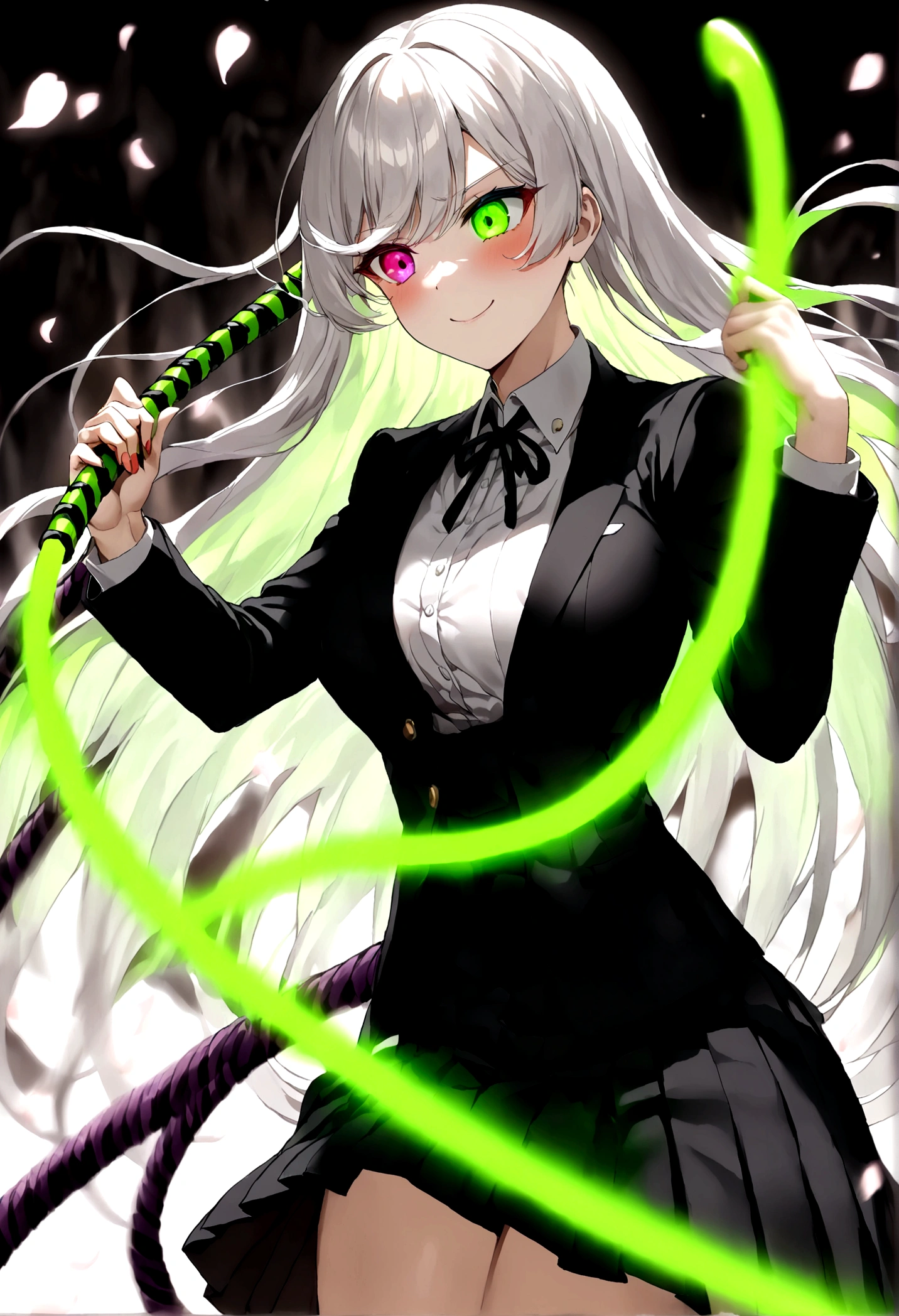 Japanese Anime,1 girl swinging a whip,Smile,White long haire butterflys,Anime style,body movements,Sense of Power,Force Value,(((Heterochromia:1.37))),(((Black pleated skirt,))),Elegant Posture、Red Moon、dark purple tones,Elegant and atmospheric。,(((Fluorescent green whip:1.37。Motion blurred,Motion Blur))),Petals in the sky,Blurred foreground,Face Focus
