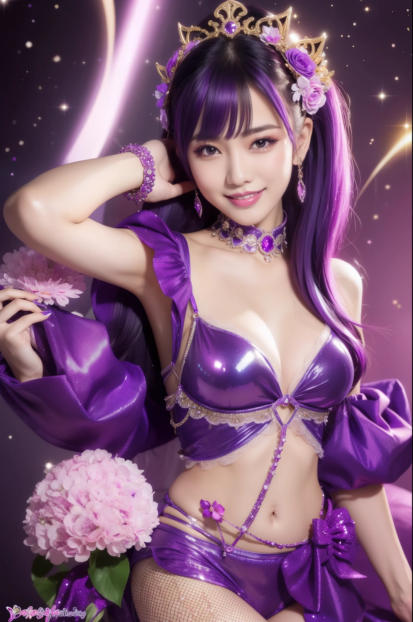 sexy Thai model who controls poison、happy smile、lipgloss、intense makeup、look at the camera、full body Esbian、、sparkling poisoned flower costume (purple)、、、、shiny sparkling multicolor hair、secrete poison、skull hair accessories、fishnet tights、shiny sparkling flowers background