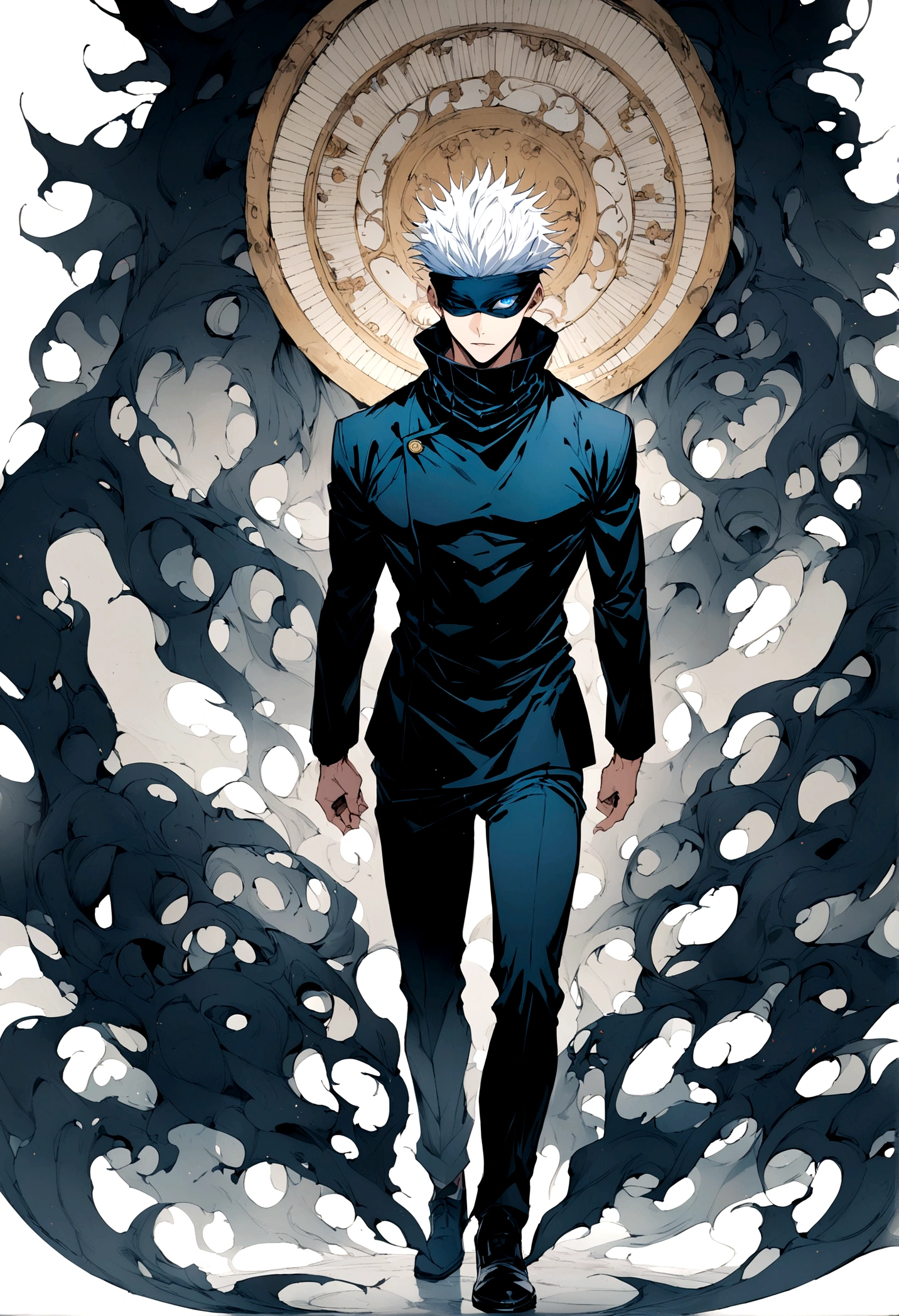 gojou satoru, jujutsu kaisen, 1boy, full body, white hair, blue eyes, looking at viewer, parted lips, high collar, looking at viewer, black pants, standing, closed mouth, facing viewer, short hair, high collar, shoes, black blindfold, pectoralasterpiece), (best quality), (ultra-detailed), very aesthetic, illustration, disheveled hair, perfect composition, moist skin, intricate details