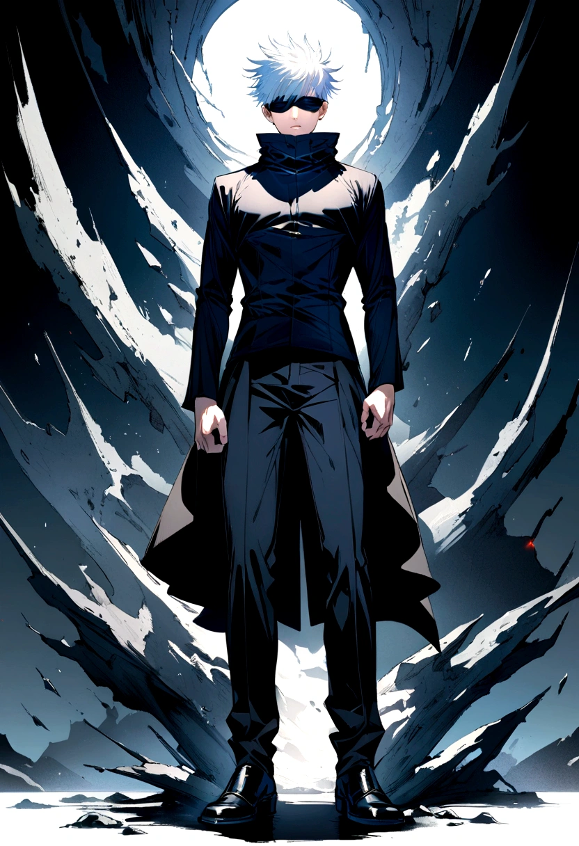 gojou satoru, jujutsu kaisen, 1boy, full body, white hair, blue eyes, looking at viewer, parted lips, high collar, looking at viewer, black pants, standing, closed mouth, facing viewer, short hair, high collar, shoes, black blindfold, pectoralasterpiece), (best quality), (ultra-detailed), very aesthetic, illustration, disheveled hair, perfect composition, moist skin, intricate details