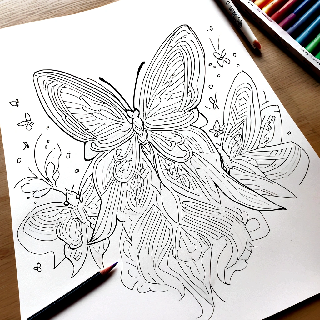 Mandala Style, butterfly, Coloring book, Beautiful line drawing, (((black & white))), white Background.