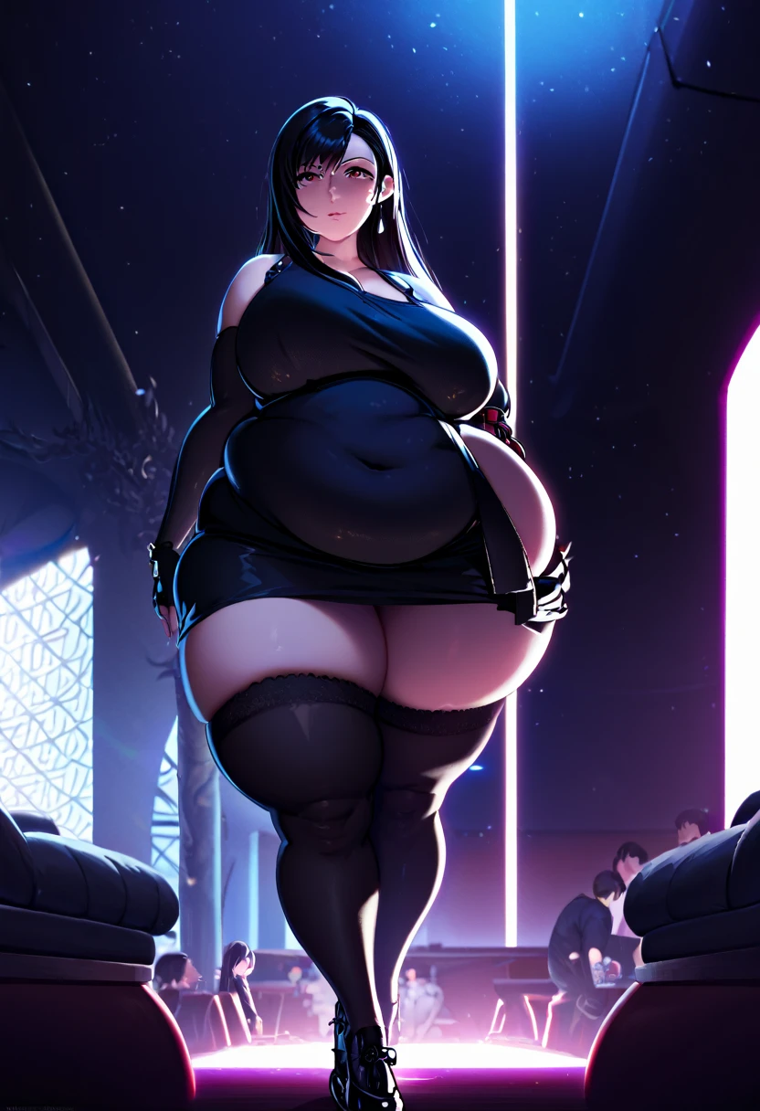 Tifa Lockhart from Final Fantasy VII, girl fat, obese body, big belly, sexy, stockings, black hair, short night dress, night club, night, dark dress, black dress, black stockings, black and black shoes, dramatic lighting, (Masterpiece:1.2), best quality, high resolution, beautifully detailed, extremely detailed, perfect lighting,