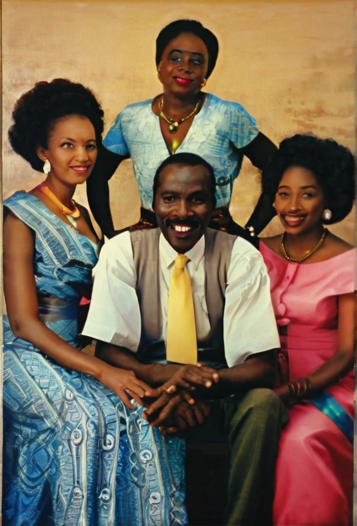 an African man sitting surrounded by 4 African women