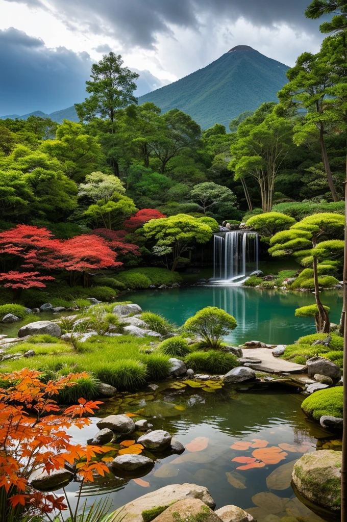 In the heart of a sacred mountain lies a mystical Japanese zen garden. An ancient temple, painted in vibrant shades of red and gold, stands majestically atop the mountain, shrouded in mist, radiating a serene and spiritual aura. A gentle breeze whispers through the green bamboo, swaying gracefully, while enchanted wind chimes resonate with ethereal melodies, harmonizing with nature.
A crystal-clear pond, inhabited by vividly colored koi fish — red, orange, and gold — reflects the tranquility of the surroundings. A pure, crystal stream flows gently, feeding a small island in the center of the pond, where a majestic maple tree stands. Its red leaves, almost like rubies, glow like jewels under the dim light of the day, contrasting with the vibrant green around.
A zen master, with a long beard and deep gaze, handles a rake with graceful movements, creating hypnotic patterns in the sand garden, symbolizing the universe's fluidity. Near the island, a shishi odoshi, an ingenious bamboo structure, rhythmically strikes, echoing as a reminder of time's passage and life's impermanence. The small waterfall beside the pond sings its constant melody, providing a natural soundtrack to the scene.
Above, the sky is gray and heavy, with dense, dark storm clouds approaching on the horizon. Lightning occasionally illuminates the shadows, and the distant sound of thunder reverberates through the mountains, as if the gods were whispering ancient secrets. The air is cold, and the breeze carries a chill, heightening the sense of mystery and reverence.
The mystical energy of the place is palpable, and each element seems in perfect harmony, creating a deep sense of peace and contemplation. This environment invites all who arrive to an inner journey of reflection and spiritual enlightenment, where nature and spirit meet in a harmonious and eternal dance.