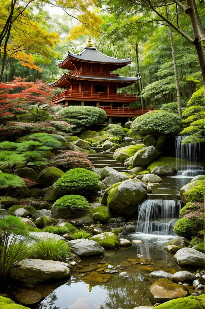 In the heart of a sacred mountain lies a mystical Japanese zen garden. An ancient temple, painted in vibrant shades of red and gold, stands majestically atop the mountain, shrouded in mist, radiating a serene and spiritual aura. A gentle breeze whispers through the green bamboo, swaying gracefully, while enchanted wind chimes resonate with ethereal melodies, harmonizing with nature.
A crystal-clear pond, inhabited by vividly colored koi fish — red, orange, and gold — reflects the tranquility of the surroundings. A pure, crystal stream flows gently, feeding a small island in the center of the pond, where a majestic maple tree stands. Its red leaves, almost like rubies, glow like jewels under the dim light of the day, contrasting with the vibrant green around.
A zen master, with a long beard and deep gaze, handles a rake with graceful movements, creating hypnotic patterns in the sand garden, symbolizing the universe's fluidity. Near the island, a shishi odoshi, an ingenious bamboo structure, rhythmically strikes, echoing as a reminder of time's passage and life's impermanence. The small waterfall beside the pond sings its constant melody, providing a natural soundtrack to the scene.
Above, the sky is gray and heavy, with dense, dark storm clouds approaching on the horizon. Lightning occasionally illuminates the shadows, and the distant sound of thunder reverberates through the mountains, as if the gods were whispering ancient secrets. The air is cold, and the breeze carries a chill, heightening the sense of mystery and reverence.
The mystical energy of the place is palpable, and each element seems in perfect harmony, creating a deep sense of peace and contemplation. This environment invites all who arrive to an inner journey of reflection and spiritual enlightenment, where nature and spirit meet in a harmonious and eternal dance.