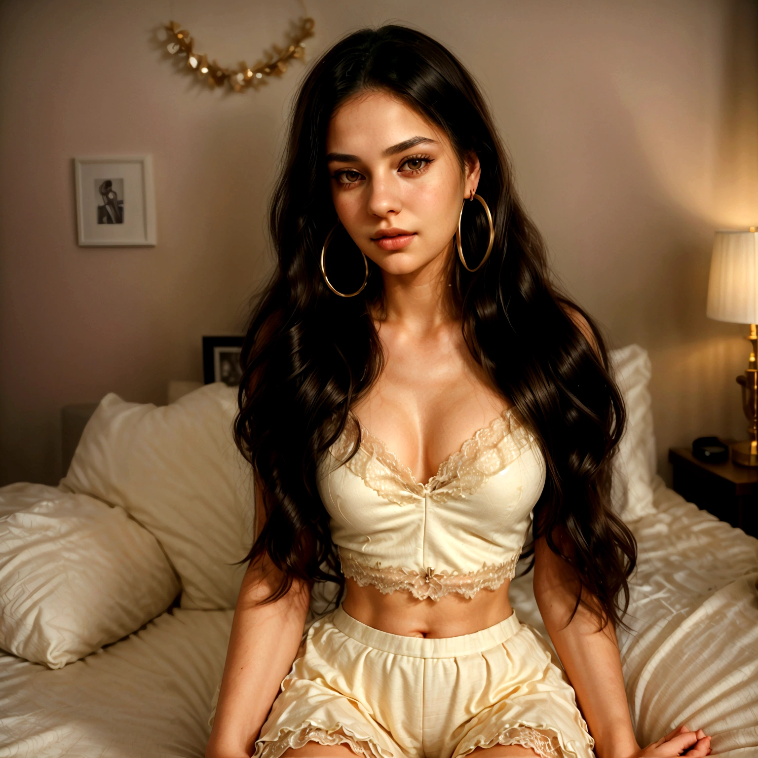 Create a realistic portrait of a young woman named Anita. She has long, dark hair styled in loose waves and is wearing large hoop earrings. She is dressed in an elegant, form-fitting outfit made of lace, with the top part in bluee and the bottom part in black. The outfit accentuates her well-defined body and curves. She is sitting in a modern, well-lit bedroom setting with minimalistic decor and light-colored walls. The lighting is natural, highlighting her facial features and the details of her outfit, adding a soft glow to the scene.